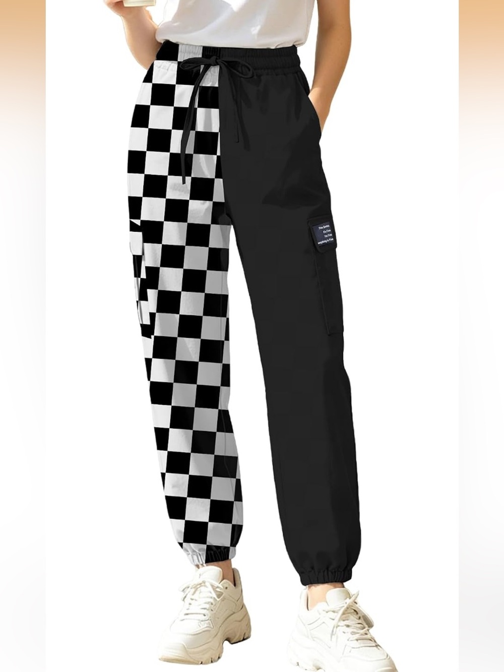 SANGTREE Split-Leg Checkered Cargo Jogger Pants
